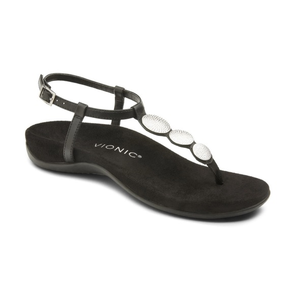 Vionic Black Lisbeth Sandals Leather Toe Post Silver Orthotic Shoes Size 7 - Picture 1 of 4